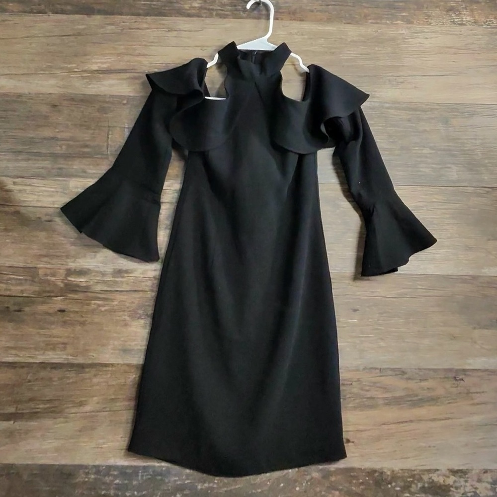 Bardot Black Long Sleeve Dress Open Shoulder with Ruffle Accents